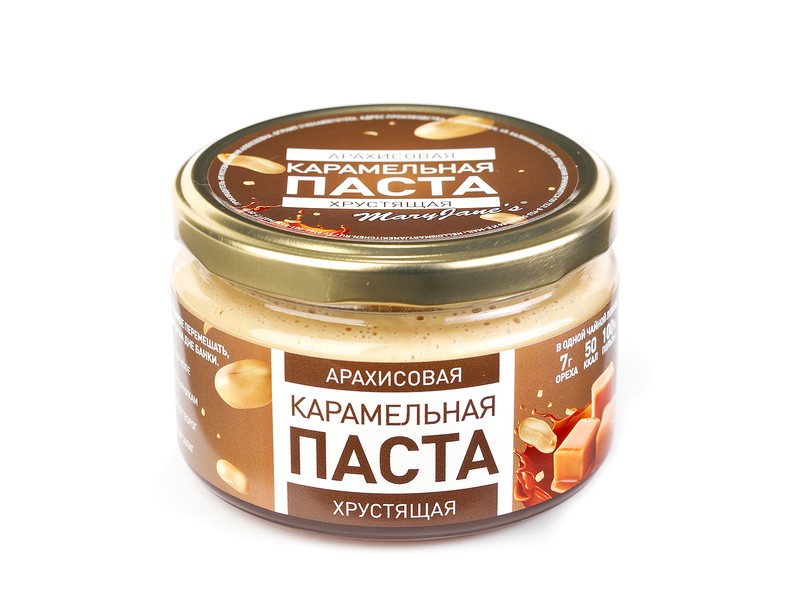 pasta-arahisovaya-karamelnaya-hrustyashhaya-220-g.jpg Паста арахисовая карамельная хрустящая MaryJane's 200 г — изображение 1
